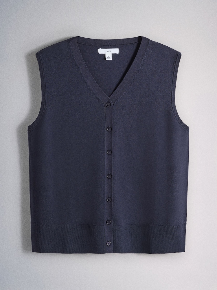 The Set 2 Pack Fine Knit V-Neck Waistcoat Navy Blue/Chocolate Brown - Image 2 of 5 The Set 2 Pack Fine Knit V-Neck Waistcoat Navy Blue/Chocolate Brown - Image 2 of 5