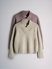 The Set 2 Pack High V-Neck Jumpers With Wool Sliver Cloud/Brown Quail/Purple - Image 1 of 5
