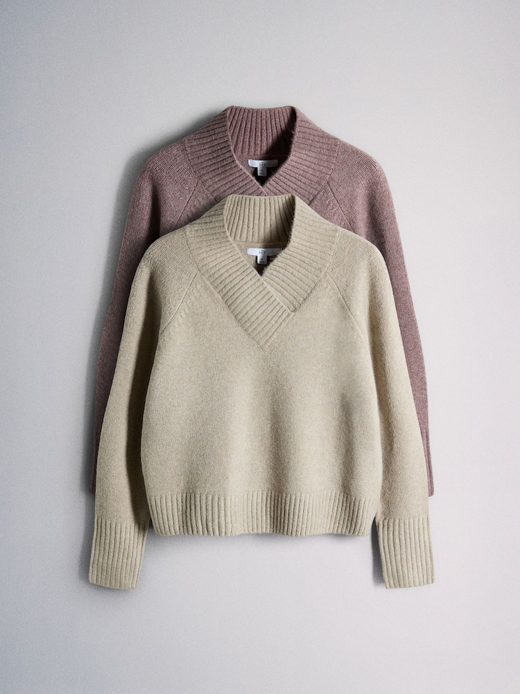 The Set 2 Pack High V-Neck Jumpers With Wool Sliver Cloud/Brown Quail/Purple - Image 1 of 5