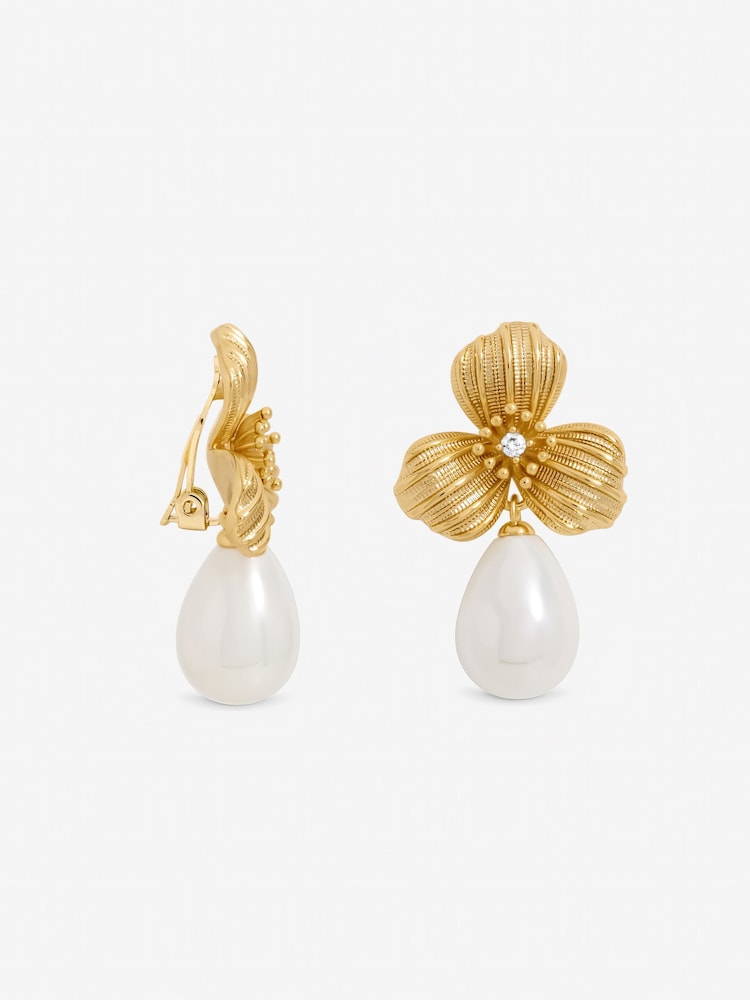 Jon Richard Cream Textured Floral and Pearl Drop Clip Earrings - Image 1 of 1 Jon Richard Cream Textured Floral and Pearl Drop Clip Earrings - Image 1 of 1