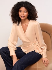 Lipsy Champagne Gold Satin Hardware Detail Wrap Top - Image 1 of 4