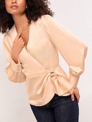 Lipsy Champagne Gold Satin Hardware Detail Wrap Top - Image 4 of 4