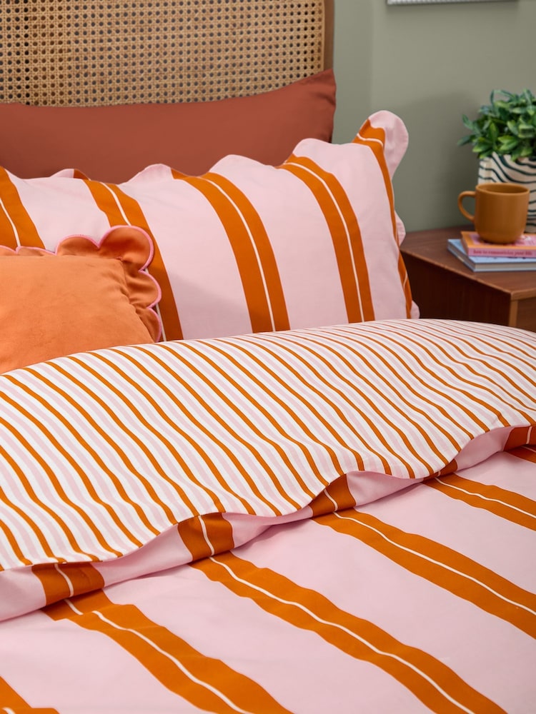 Furn Pink Scalloped Stripe Reversible Duvet Cover and Pillowcase Set - Image 1 of 3