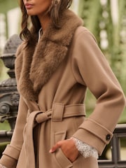 Love & Roses X Binky Neutral Beige Fur Collared Wrap Coat - Image 2 of 5
