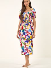 فستان متوسط الطول مُجمَّع مزين بطبعة تجريدية من Roman - صورة 2 من 5