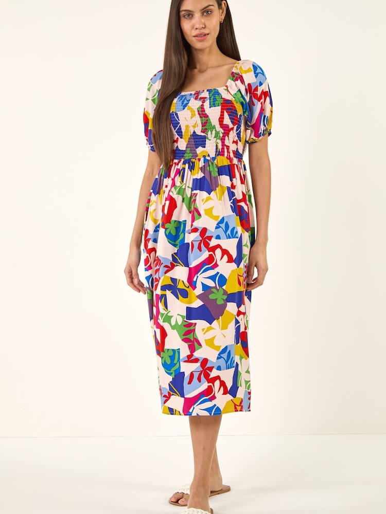 فستان متوسط الطول مُجمَّع مزين بطبعة تجريدية من Roman - صورة 2 من 5