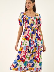 فستان متوسط الطول مُجمَّع مزين بطبعة تجريدية من Roman - صورة 4 من 5