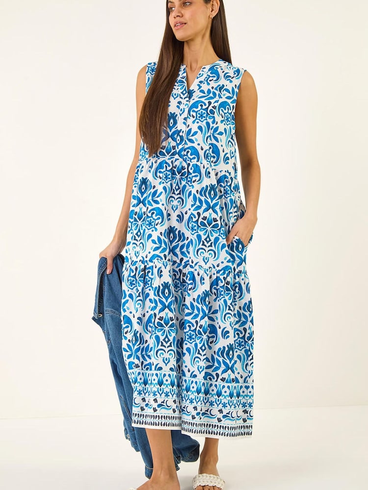 Roman Blue Printed Button Detail Midi Dress - Image 1 of 5