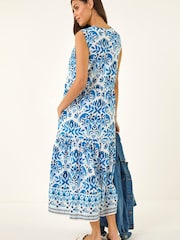 Roman Blue Printed Button Detail Midi Dress - Image 3 of 5