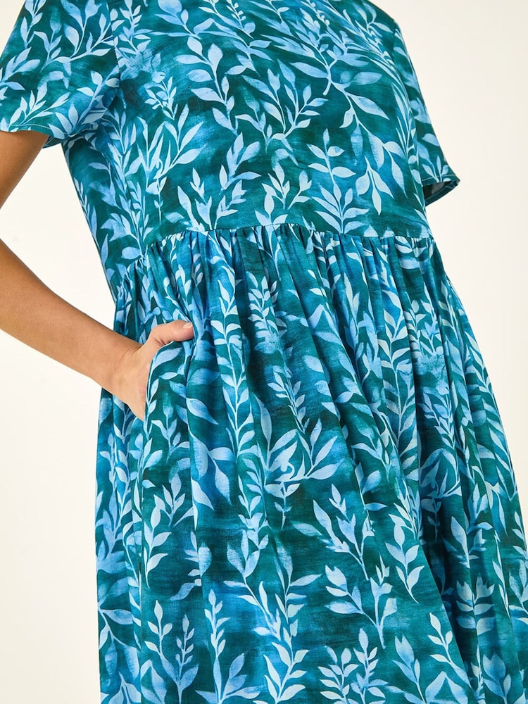 Roman Blue Leaf Print Smock Midi Dress - Image 5 of 5