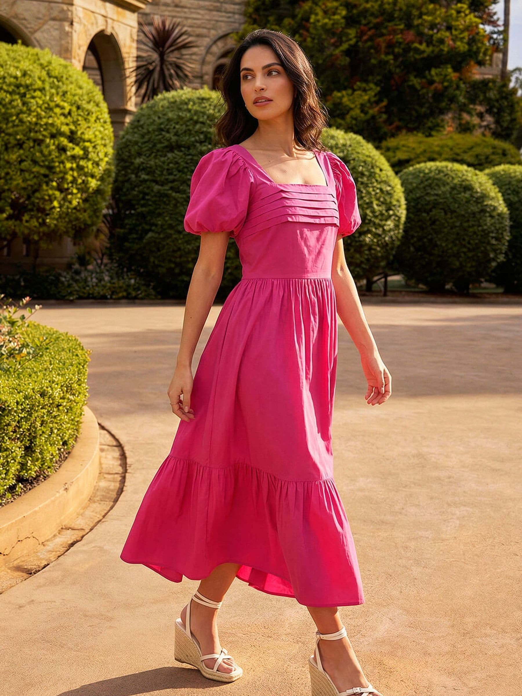 Roman Women's Pink Cotton Pleated Puff Midi Dress