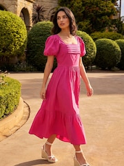 Roman Pink Cotton Pleated Puff Midi Dress - Image 1 of 5