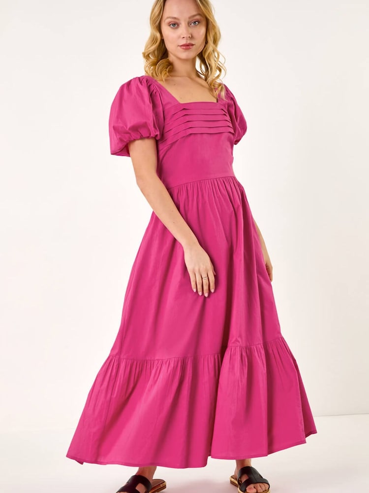Roman Pink Cotton Pleated Puff Midi Dress - Image 2 of 5 Roman Pink Cotton Pleated Puff Midi Dress - Image 2 of 5