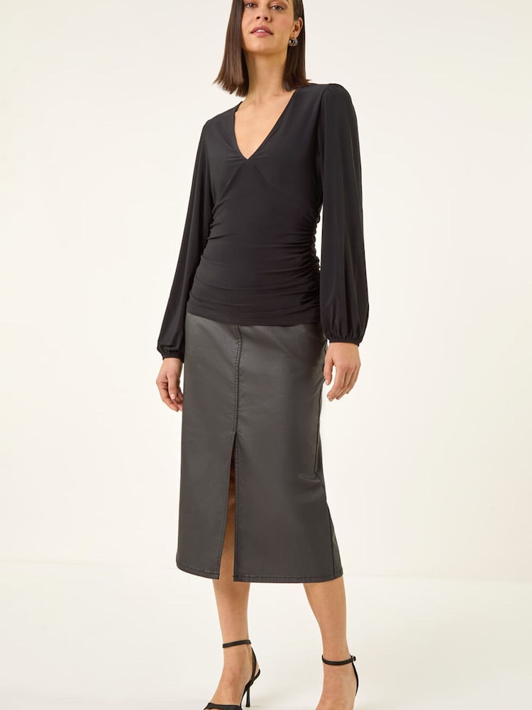 Roman Black Gathered V-Neck Stretch Top - Image 1 of 5