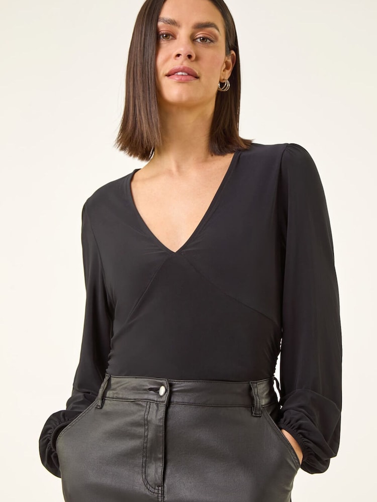 Roman Black Gathered V-Neck Stretch Top - Image 2 of 5