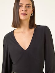 Roman Black Gathered V-Neck Stretch Top - Image 4 of 5