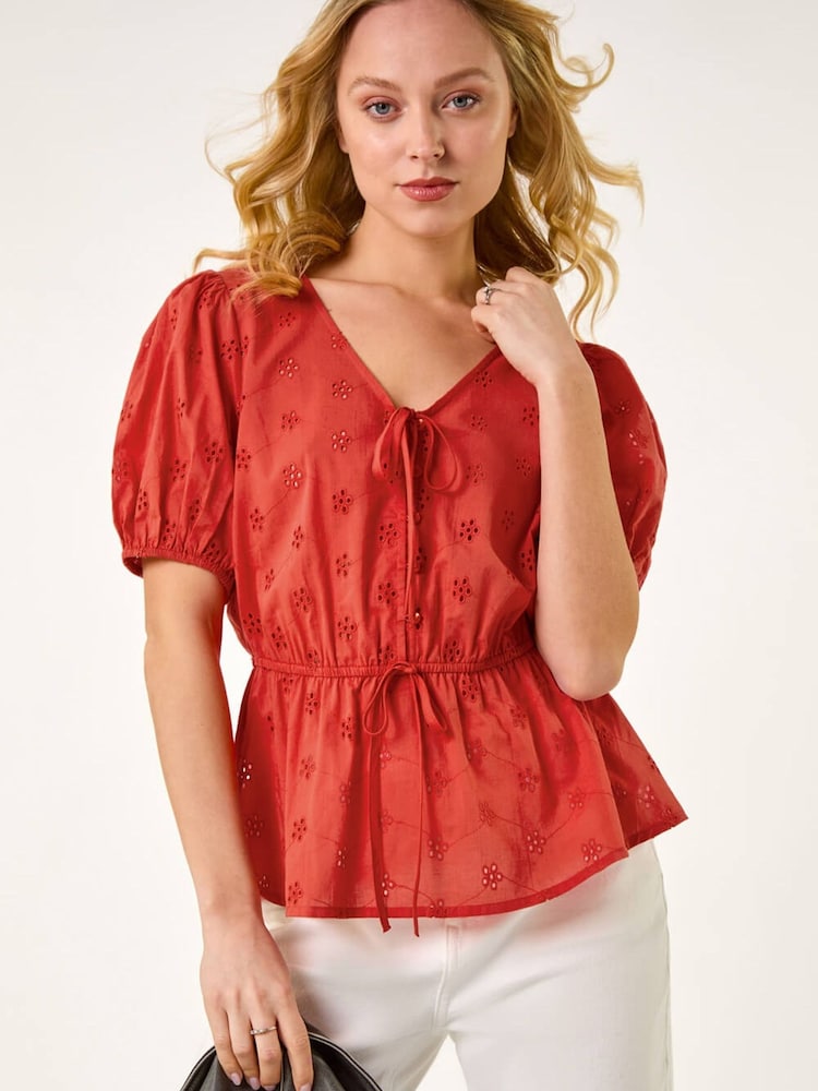 Roman Orange Puff Sleeve Broderie Top - Image 1 of 5