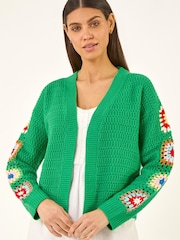 Roman Green Crochet Sleeve Knit Cardigan - Image 4 of 5