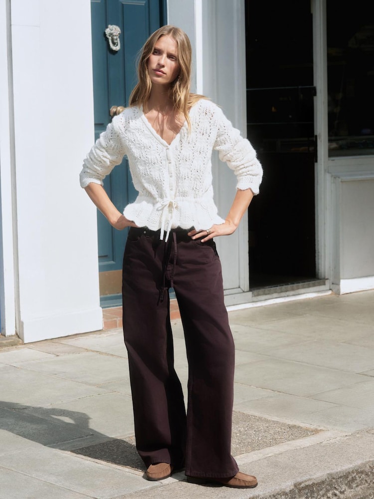 Burgundy Red Wide Leg Drawstring Jeans - Image 1 of 6