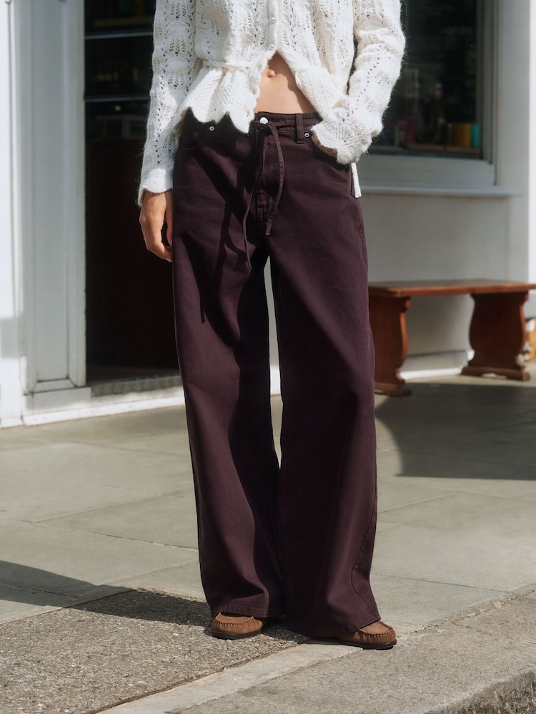 Burgundy Red Wide Leg Drawstring Jeans - Image 2 of 6