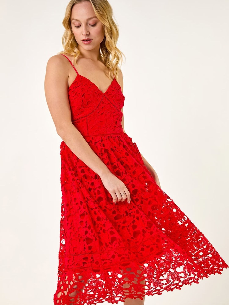 Roman Red Crochet V-Neck Cami Midi Dress - Image 1 of 5 Roman Red Crochet V-Neck Cami Midi Dress - Image 1 of 5