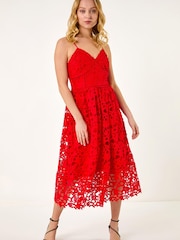 Roman Red Crochet V-Neck Cami Midi Dress - Image 2 of 5