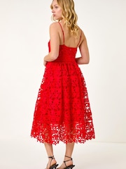 Roman Red Crochet V-Neck Cami Midi Dress - Image 3 of 5
