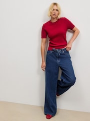 Dark Blue Wide Leg Drawsting Jeans - Image 1 of 8