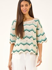 Roman White Crochet Wave Knitted Top - Image 4 of 5
