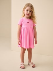 Pink Cherry Short sleeve Embroidered Ribbed Dress (3mths-7yrs) - Image 1 of 4