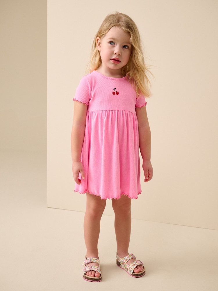 Pink Cherry Short sleeve Embroidered Ribbed Dress (3mths-7yrs) - Image 1 of 4