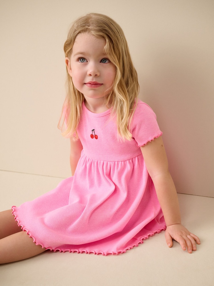 Pink Cherry Short sleeve Embroidered Ribbed Dress (3mths-7yrs) - Image 2 of 4