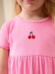 Pink Cherry Short sleeve Embroidered Ribbed Dress (3mths-7yrs) - Image 4 of 4