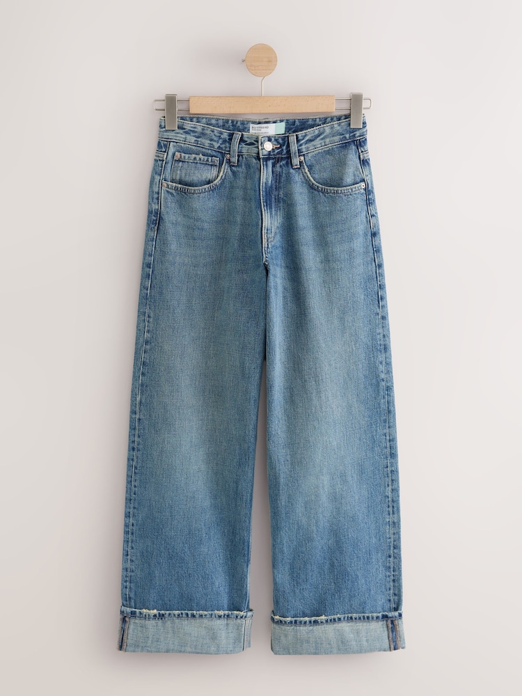 Mid Blue Boyfriend Turnup Jeans - Image 1 of 3 Mid Blue Boyfriend Turnup Jeans - Image 1 of 3