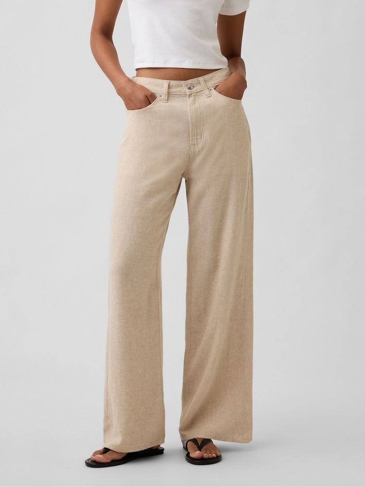 Beige - Gap High Waisted Linen-Blend Wide-Leg Trousers - Kuva 2 / 7