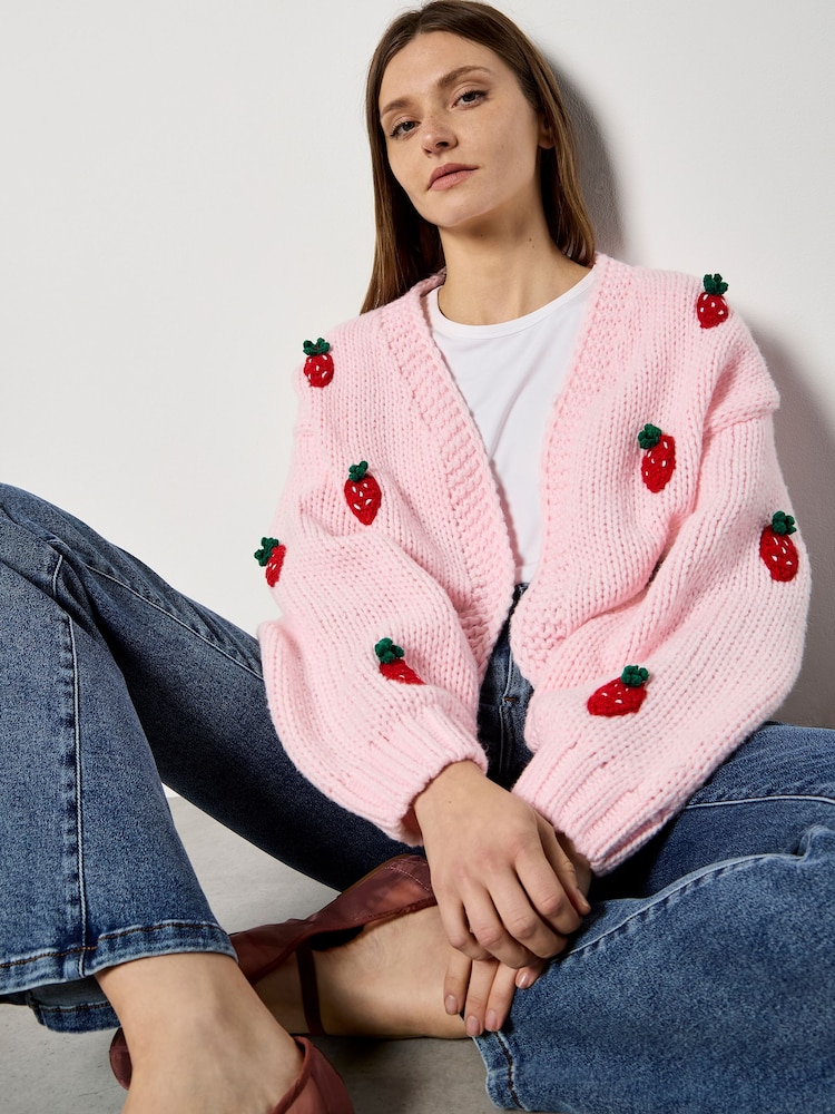 Apricot Pink Chunky Knit Strawberry Cardigan - Image 1 of 4