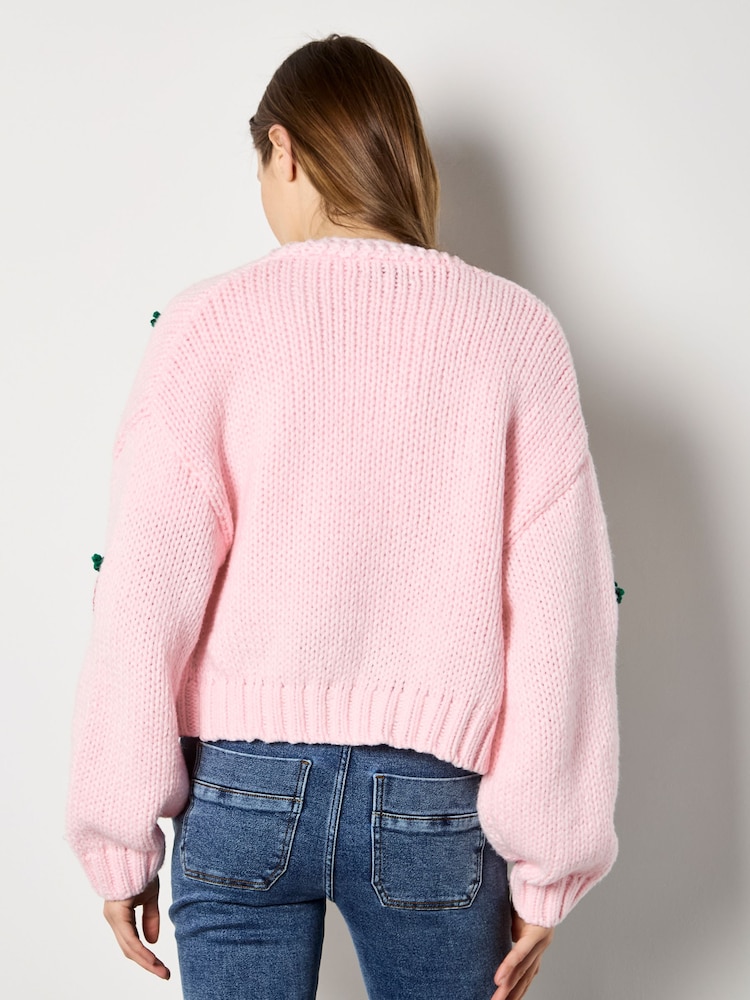 Apricot Pink Chunky Knit Strawberry Cardigan - Image 4 of 4