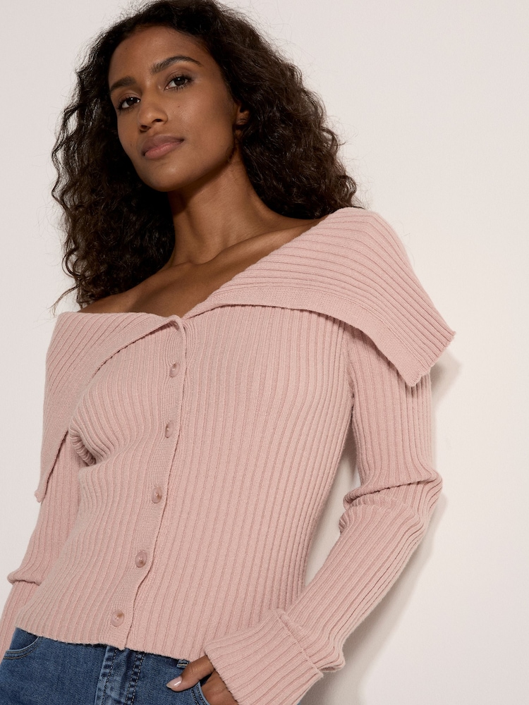 Apricot Pink Wide Collar Ribbed Knit Cardigan - Image 1 of 4