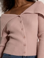 Apricot Pink Wide Collar Ribbed Knit Cardigan - Image 3 of 4