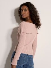 Apricot Pink Wide Collar Ribbed Knit Cardigan - Image 4 of 4