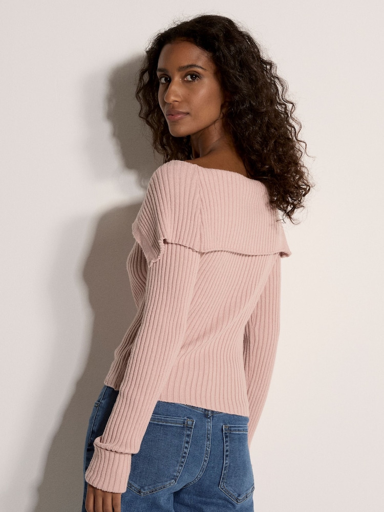 Apricot Pink Wide Collar Ribbed Knit Cardigan - Image 4 of 4