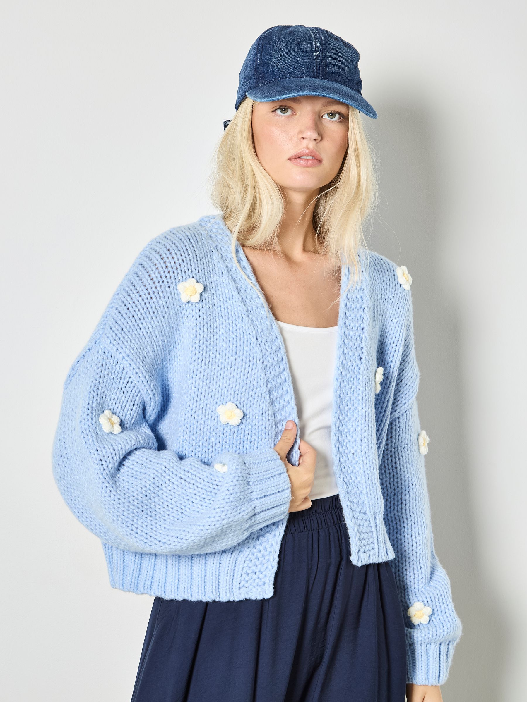 Buy Apricot Blue Applique Daisies Chunky Knit Cardigan from the