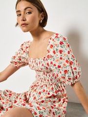 Apricot Cream Floral Cotton Poplin Mini Dress - Image 1 of 5