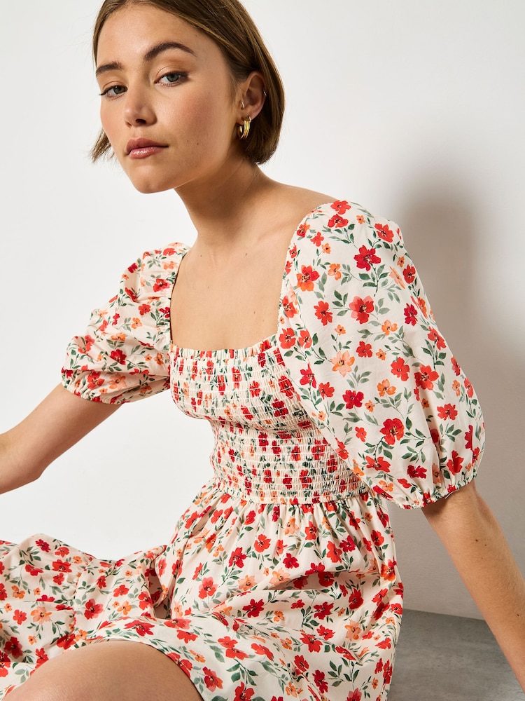 Apricot Cream Floral Cotton Poplin Mini Dress - Image 1 of 5 Apricot Cream Floral Cotton Poplin Mini Dress - Image 1 of 5