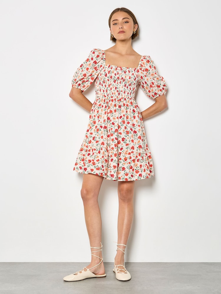 Apricot Cream Floral Cotton Poplin Mini Dress - Image 2 of 5 Apricot Cream Floral Cotton Poplin Mini Dress - Image 2 of 5