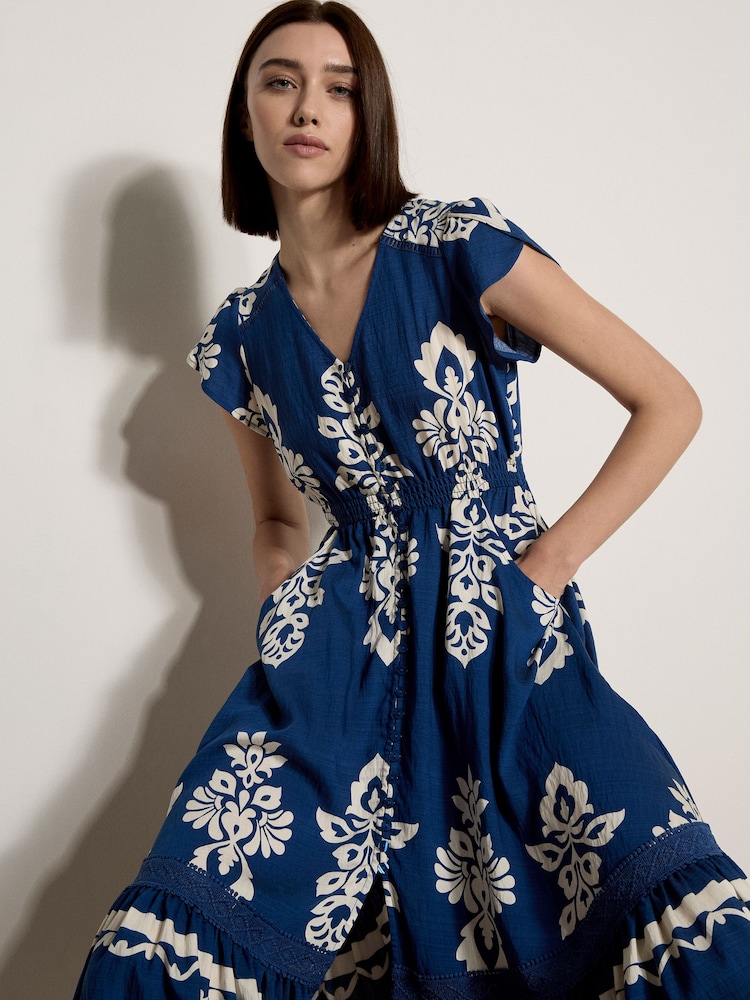Apricot Blue Folk Floral Midi Dress - Image 1 of 5