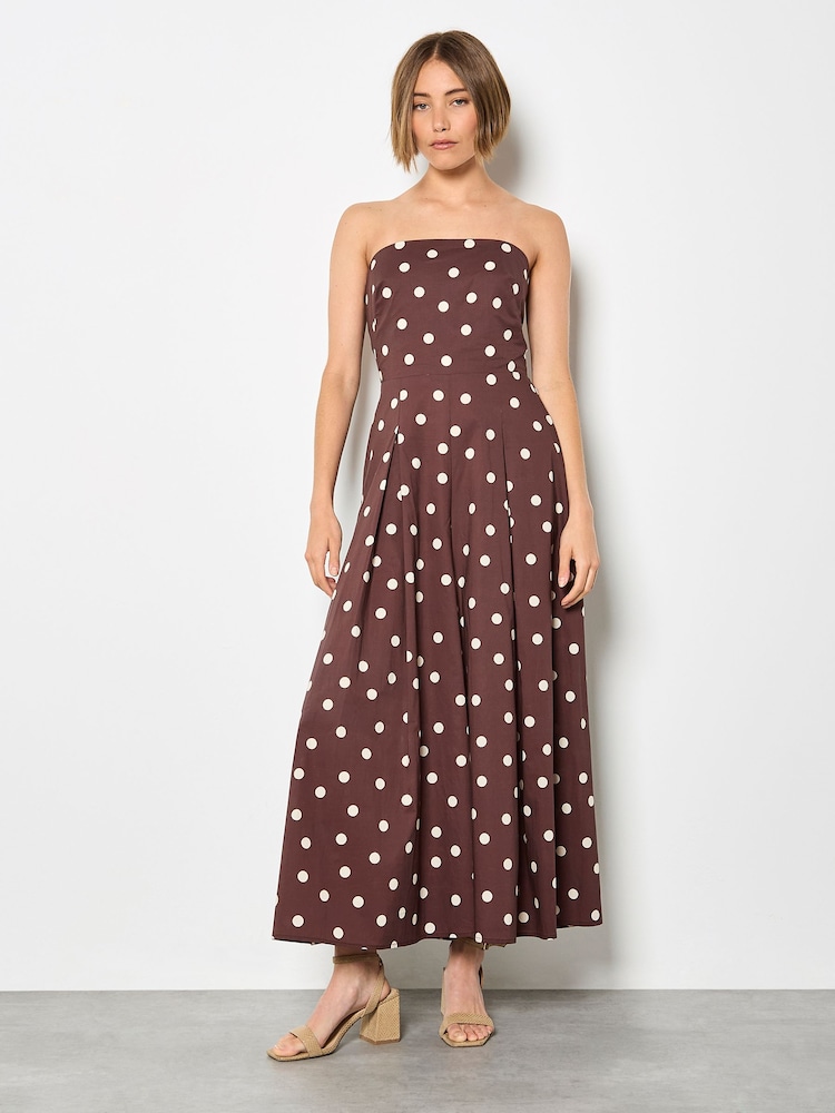 Apricot Brown Polka Dot Bow Back Wide Leg Jumpsuit - Image 1 of 4