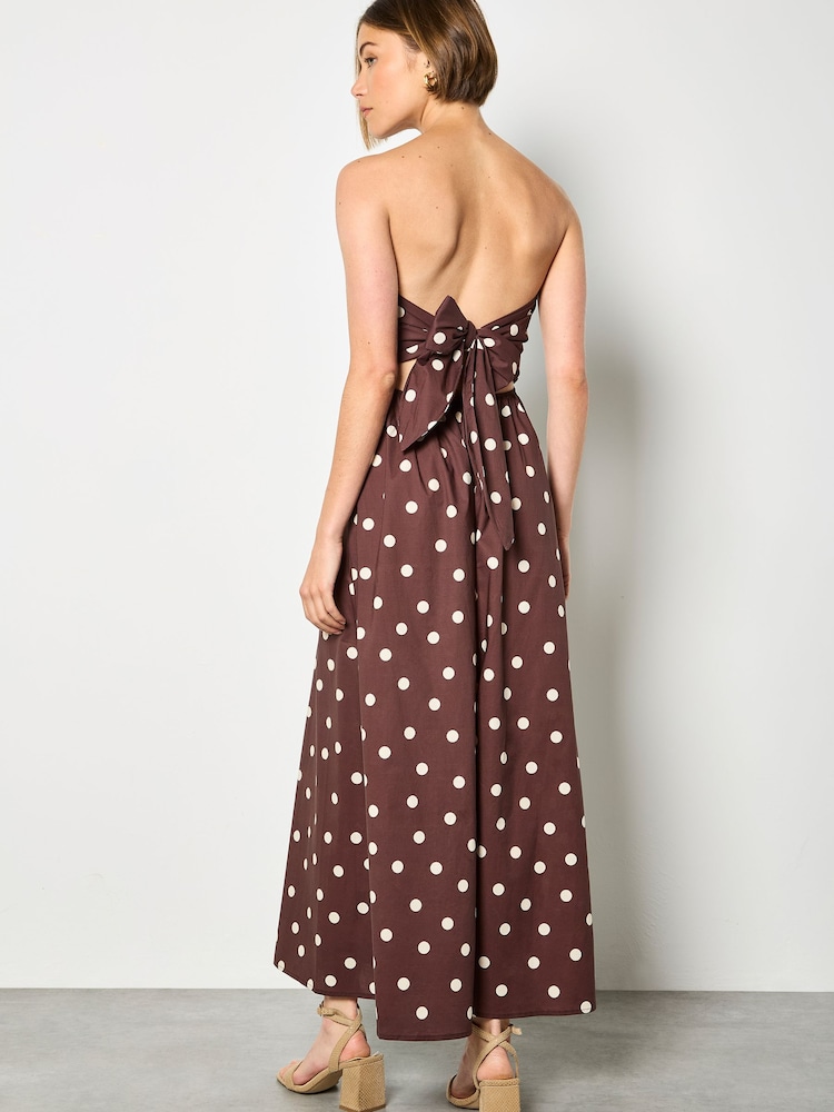 Apricot Brown Polka Dot Bow Back Wide Leg Jumpsuit - Image 2 of 4
