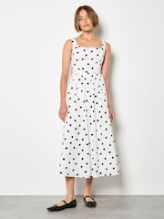 Apricot White Polka Dot Smocked Midi Dress - Image 1 of 5