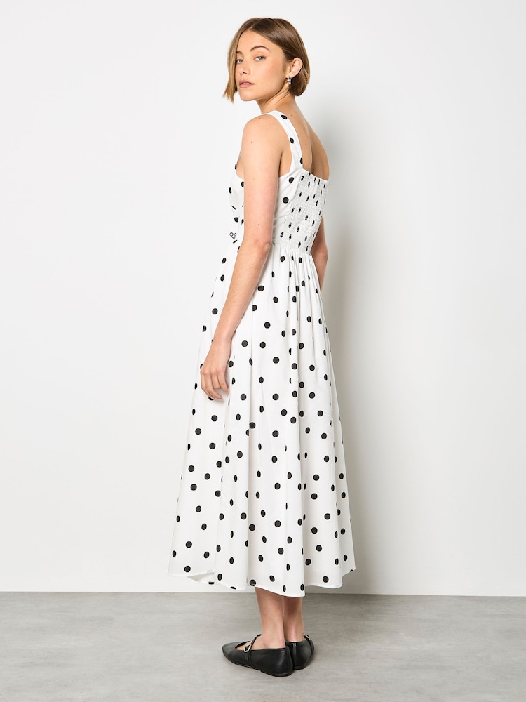 Apricot White Polka Dot Smocked Midi Dress - Image 5 of 5 Apricot White Polka Dot Smocked Midi Dress - Image 5 of 5